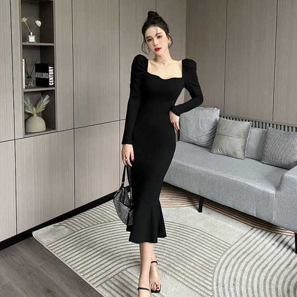 KM30242#新连衣裙黑色性感气质礼服裙子法式复古方领长袖裙