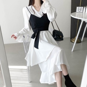 KM22998#韩版chic 秋季新款不规则显瘦纯色连衣裙+收腰裹胸吊带背心两件套