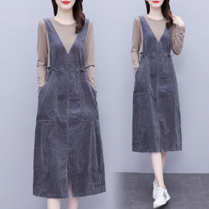 KM24524#连衣裙女长袖2022年秋女装新款收腰减龄显瘦气质洋气灯芯绒裙