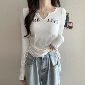 KM25948#新款韩版长袖t恤女字母印花百搭显瘦小V领上衣打底衫潮