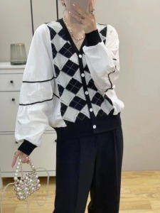 KM20280#时尚欧洲站女秋长袖v领菱形针织衫拼接假两件衬衫薄款大版型外套