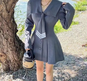 PS69016# 韩版学院风西装连衣裙秋季新款长袖高腰海军领百褶A字短裙