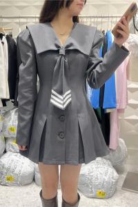 PS69016# 韩版学院风西装连衣裙秋季新款长袖高腰海军领百褶A字短裙