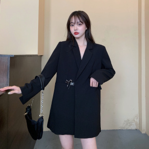 RM755#新款大码女装赫本风法式中长款黑色西装设计感外套西服女