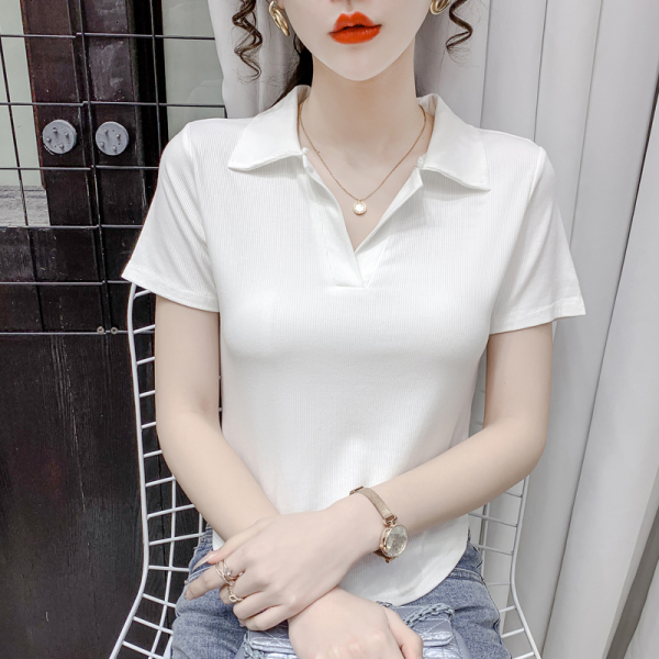 KM22101#韩版纯色POLO领时尚洋气修身不规则百搭螺纹短袖上衣