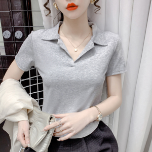 KM22101#韩版纯色POLO领时尚洋气修身不规则百搭螺纹短袖上衣