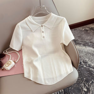 PS48860# 白色polo领时尚简约短袖针织衫女夏季新款薄款不规则下摆短款上衣 服装批发女装直播货源