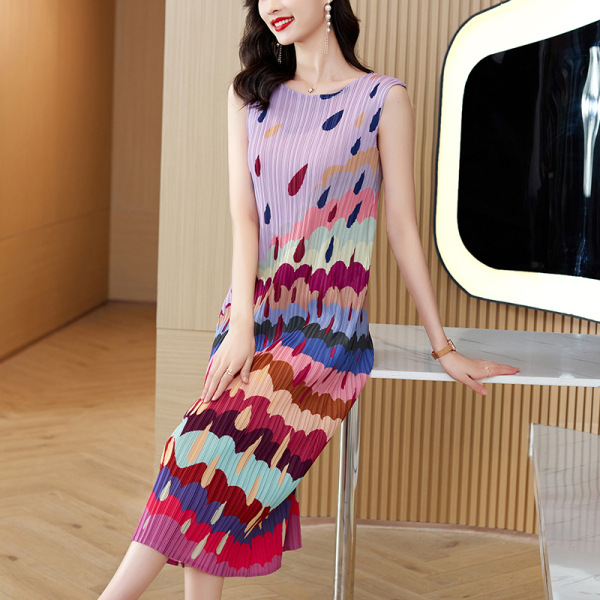 KM20142#小众设计高级感连衣裙甜美减龄中长款时尚印花百褶背心裙