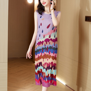 KM20142#小众设计高级感连衣裙甜美减龄中长款时尚印花百褶背心裙