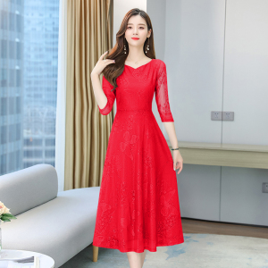 KM20537#新款气质长款独束大码红色连衣裙女夏梨型身材胖m裙子显瘦茶歇裙