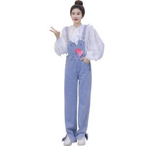 KM20448#韩版粉色刺绣牛仔背带裤 +花边雪纺泡泡袖上衣套装