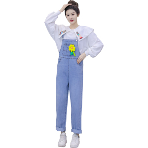 KM20449#韩版黄色花朵挂件牛仔背带裤 +纯棉兔子刺绣卫衣套装