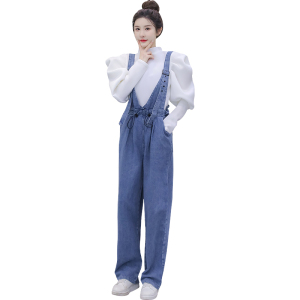 KM20450#韩版收腰显瘦牛仔背带裤 +空气感泡泡袖卫衣套装