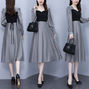 RM19103#设计感方领泡泡袖收腰显瘦拼接假两件长款黑色气质连衣裙
