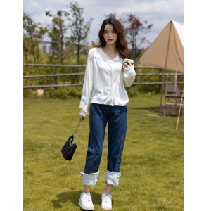 TR13745# 韩版高级感白色衬衣宽松设计感褶皱长袖开衫上衣衬衫 服装批发女装服饰货源