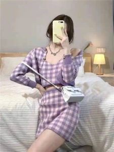 PS63655#  秋季格子套装女韩版短款开衫外套高腰包臀半身短裙洋气针织三件套