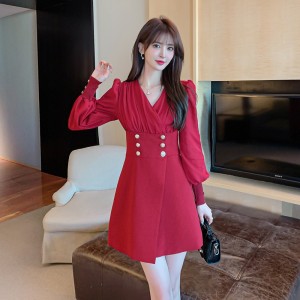 KM20217#法式复古高级感红色西装连衣裙春秋收腰显瘦洋气名媛风长袖裙