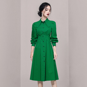 KM23342#新款时尚收腰显瘦蝴蝶领绿色条纹衬衣连衣裙