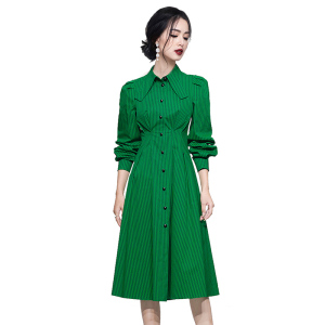 KM23342#新款时尚收腰显瘦蝴蝶领绿色条纹衬衣连衣裙