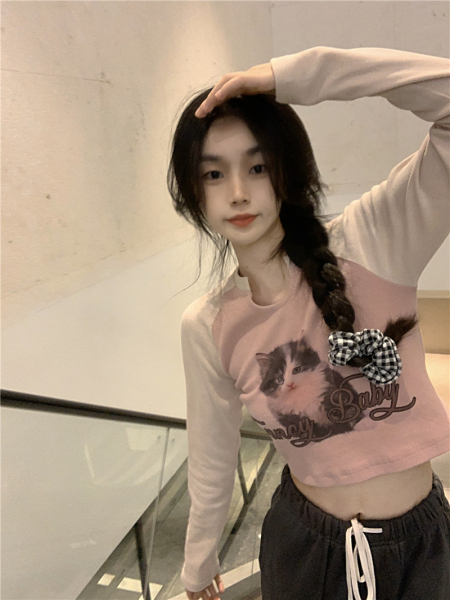 RM21318#美式小奶猫 初秋短款t恤女修身长袖上衣