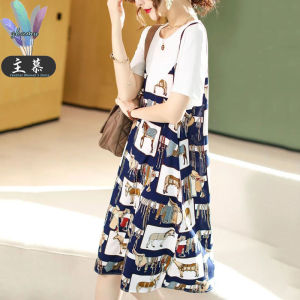 KM20704#夏季新款时尚韩版显瘦百搭撞色织带拼接印花假两件连衣裙