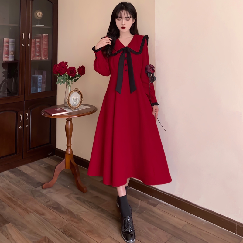 Plus size women's fat mm spring and autumn Hepburn style waist dress retro contrasting color sweet temperament bow long skirt