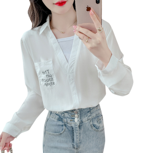 KM21440#韩版宽松假两件衬衫女长袖设计感小众上衣实拍