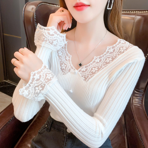 PS51322# 秋装新款韩版性感V领蕾丝拼接弹力针织衫打底套头毛衣 服装批发女装直播货源