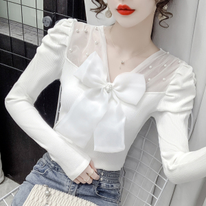 TR12398# 春季新款设计感小众T恤韩版V领拼接网纱钉珠洋气别致上衣