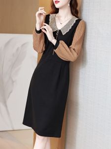 KM20795#高级感法式娃娃领拼接咖啡色连衣裙2022秋季女装新款甜美气质中裙