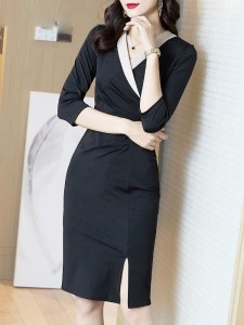 KM20765#职业连衣裙女高级感时尚修身显瘦V领黑色包臀一步裙