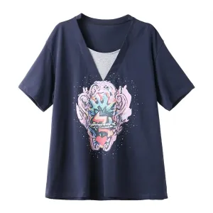 KM20709#夏季新款时尚韩版显瘦百搭高档气质印花烫钻假两件T恤女