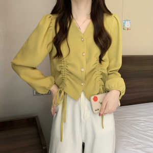 KM21050#秋季新款上衣韩版洋气V领抽绳设计感长袖衬衫女