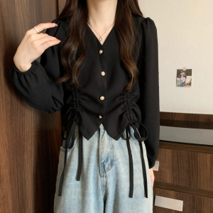 KM21050#秋季新款上衣韩版洋气V领抽绳设计感长袖衬衫女