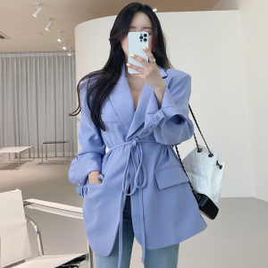PS47624# 韩国chic法式复古系带收腰蓝紫色西服宽松长袖西装外套 服装批发女装直播货源