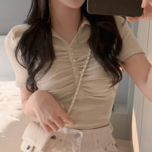 KM20777#韩国东大门气质女人味性感单排扣翻领褶皱修身短袖T恤上衣女