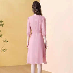 PS48489# 法式粉色圆领雪纺连衣裙女春季新款中长款优雅减龄 服装批发服饰直播货源
