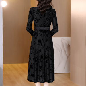 KM20852#黑色连衣裙女气质显瘦2022秋季新款时尚减龄长款大摆到脚踝超长裙
