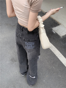 RM22026#破洞牛仔裤女春夏时髦新款宽松垂感阔腿拖地裤