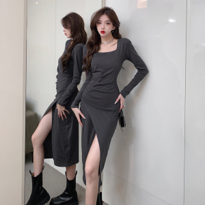RM320#新款设计感显瘦修开叉长袖连衣裙气质纯色