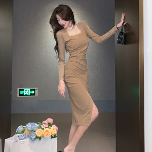 PS53848# 秋装新款简约设计感修身韩版显瘦气质纯色长袖连衣裙女 服装批发女装直播货源