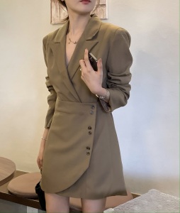 TR12911# 韩版气质设计感不规则收腰显瘦西装外套高腰连衣裙两色 服装批发女装服饰货源