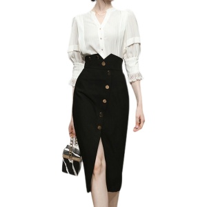 RM9638#七分袖衬衫女士高端黑色包臀裙半身职业套装裙御姐轻熟风 