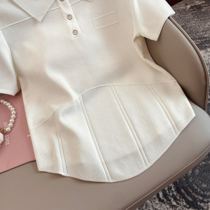 KM20661#白色polo领时尚简约短袖针织衫女夏季新款薄款不规则下摆短款上衣