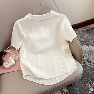 KM20661#白色polo领时尚简约短袖针织衫女夏季新款薄款不规则下摆短款上衣