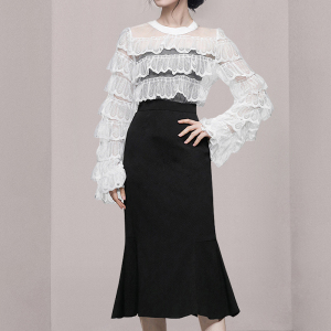 RM1599#时尚圆领白色蕾丝荷叶上衣黑色鱼尾半身裙加裹胸三件套
