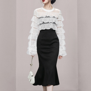 RM1599#时尚圆领白色蕾丝荷叶上衣黑色鱼尾半身裙加裹胸三件套