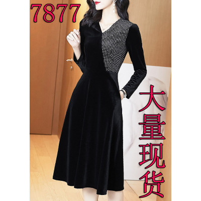 RM3266#丝绒黑色连衣裙 新款气质赫本风长袖金丝绒小黑裙女