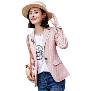 PS48092# 粉色格子西装外套女春秋季长袖新款高级设计感小众西服上衣潮 服装批发女装直播货源