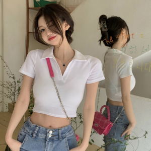 KM20622#韩版时尚夏季新款纯欲甜辣妹polo领短款T恤设计感小众学生上衣女